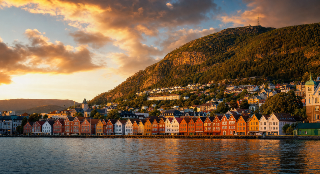Bergen skyline at golden hour with iconic landmarks in warm light