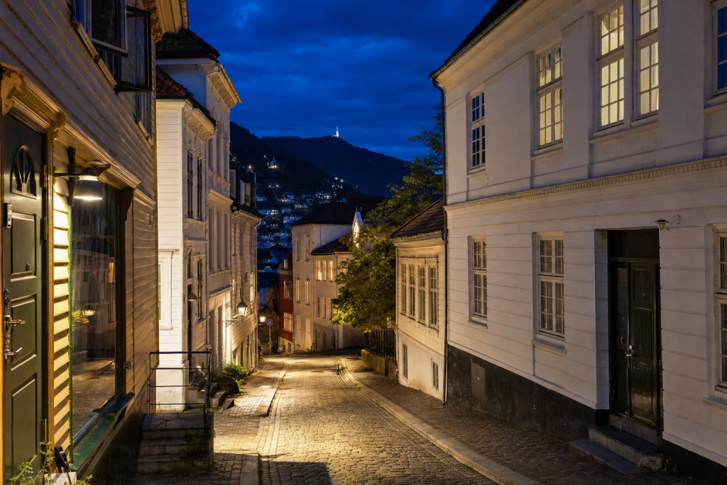 Bergen street photography at blue hour with leading lines and architectural detail