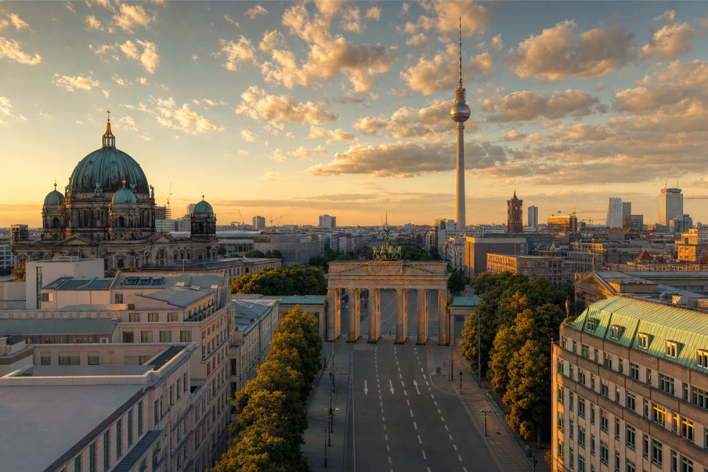 Berlin skyline at golden hour with iconic landmarks in warm light