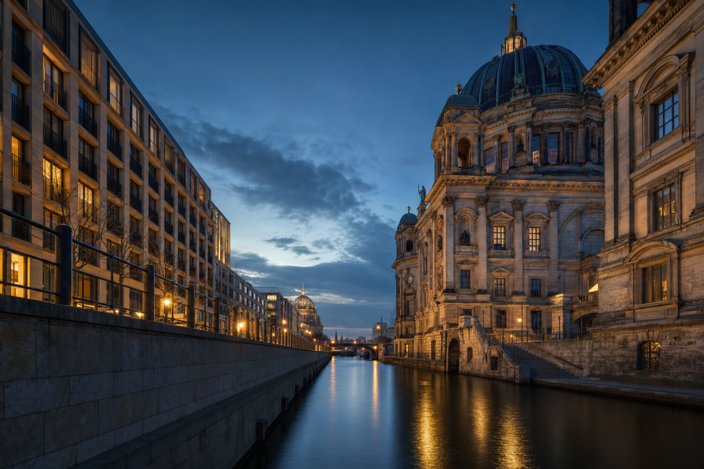 Berlin street photography at blue hour with leading lines and architectural detail