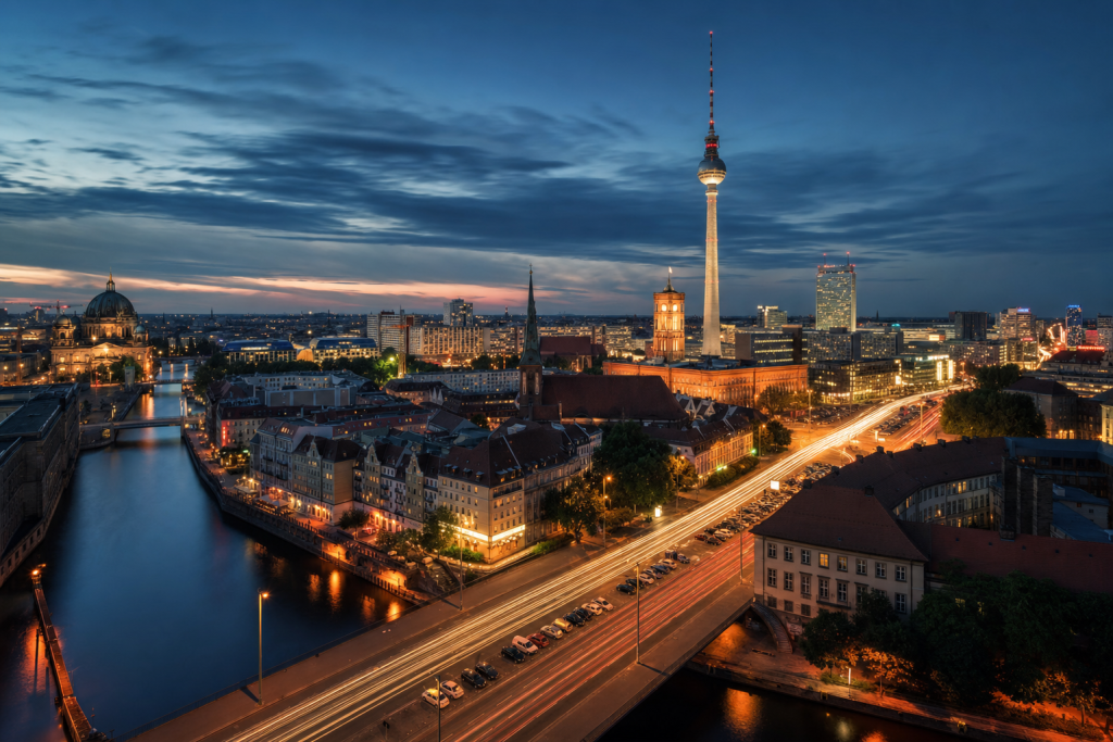 Berlin high-vantage cityscape at blue hour with city lights and traffic motion
