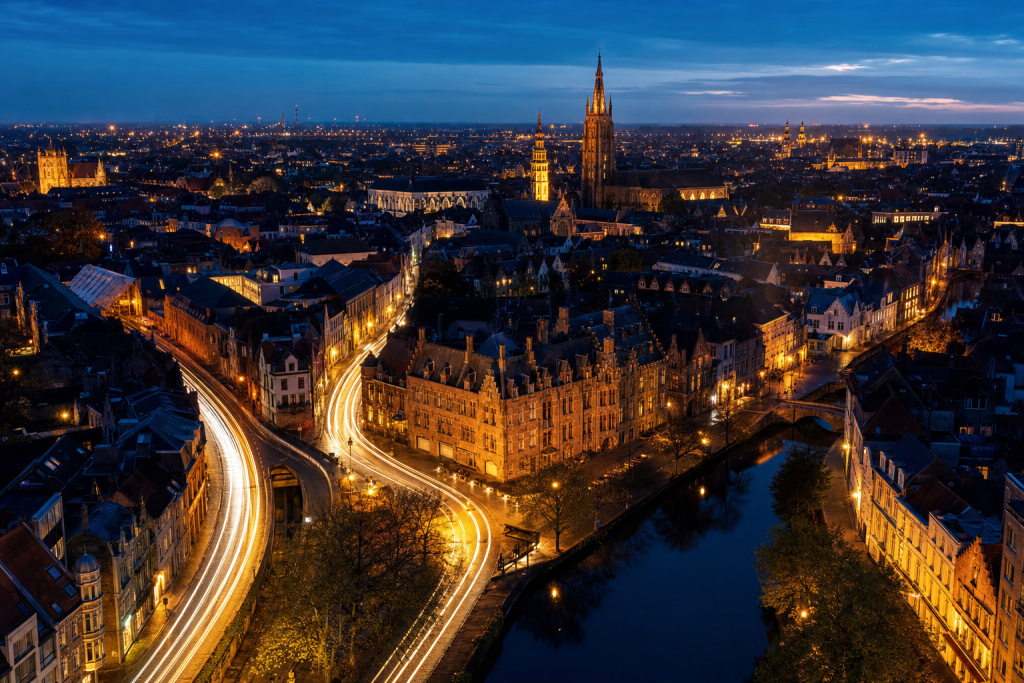 Bruges high-vantage cityscape at blue hour with city lights and traffic motion