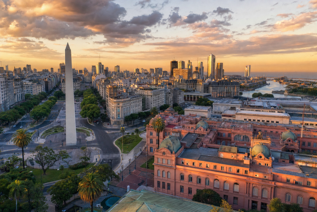 Buenos Aires skyline at golden hour with iconic landmarks in warm light