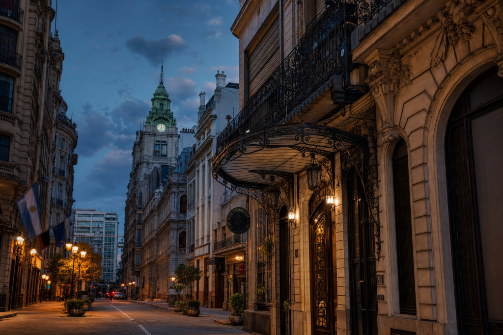 Street view in Buenos Aires, leading lines, architectural detail, blue hour with mixed ambient and street