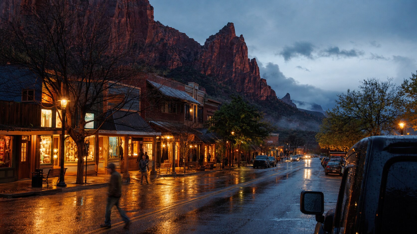 Blue hour street photography in Canyonlands with wet pavement reflections and warm storefront lighting