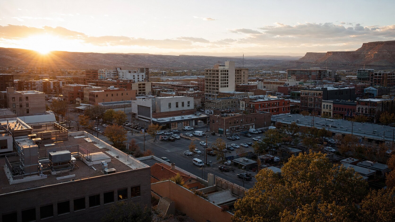 Elevated rooftop view of Canyonlands at golden hour, showing layered urban density and natural shadow direction