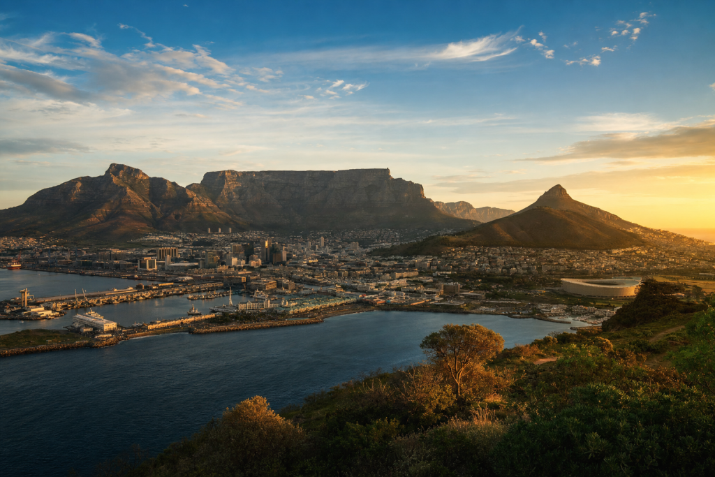 Cape Town skyline at golden hour with iconic landmarks in warm light