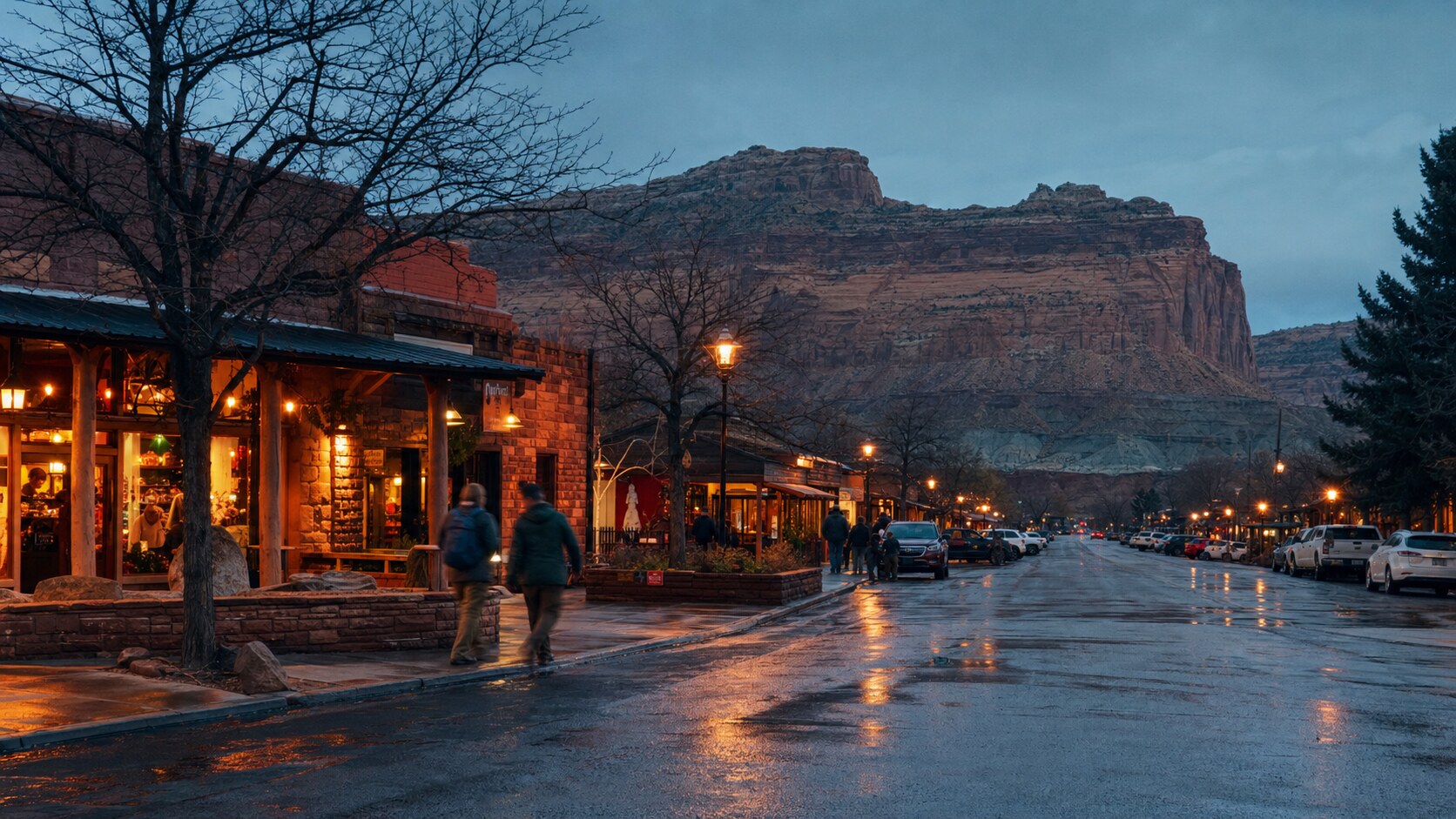 Blue hour street photography in Capitol Reef with wet pavement reflections and warm storefront lighting