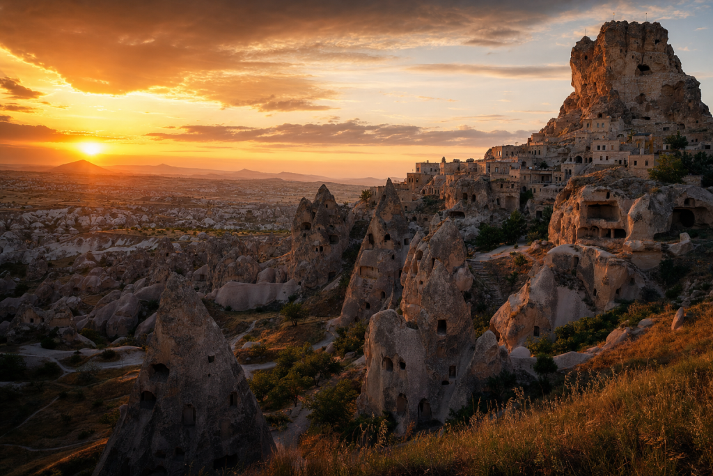 Cappadocia skyline at golden hour with iconic landmarks in warm light