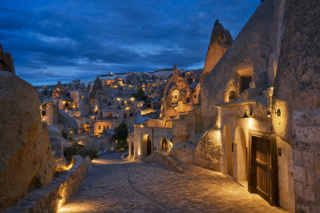 Cappadocia street photography at blue hour with leading lines and architectural detail