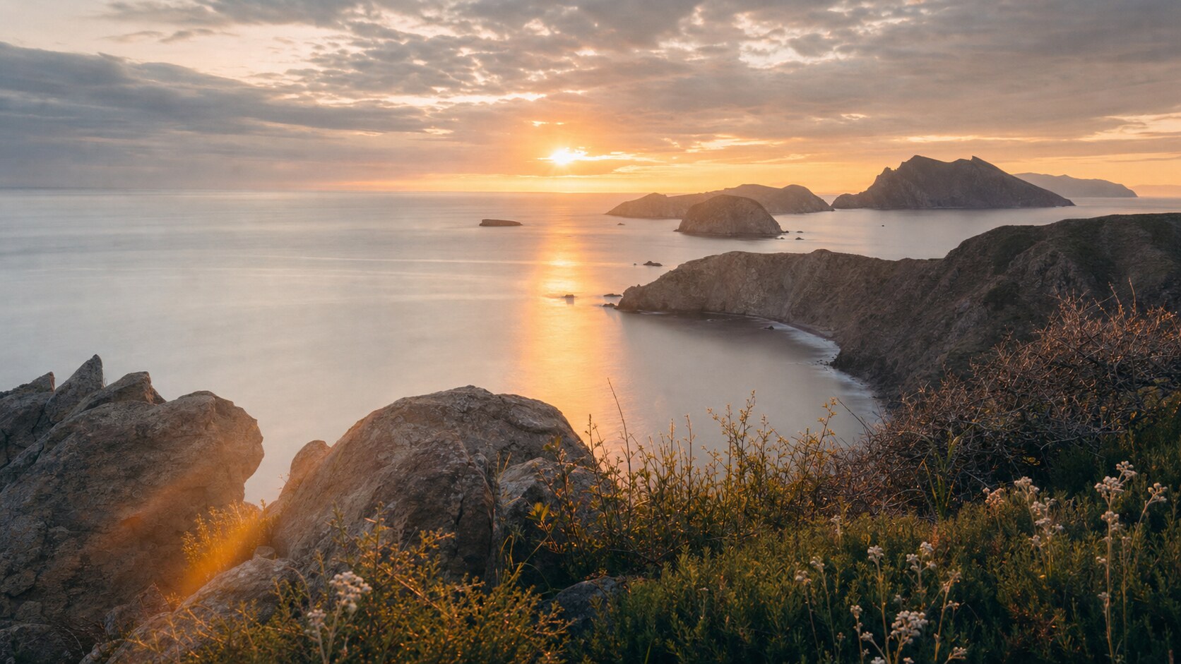 Sunrise landscape photograph at Channel Islands National Park from the most popular sunrise overlook, showing the signature foreground-to-background composition