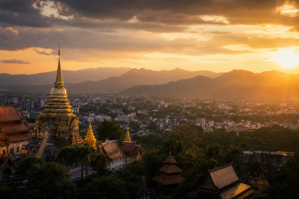 Chiang Mai skyline at golden hour with iconic landmarks in warm light