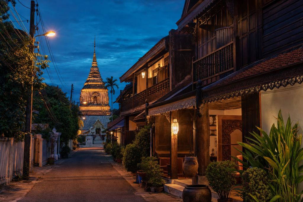 Chiang Mai street photography at blue hour with leading lines and architectural detail