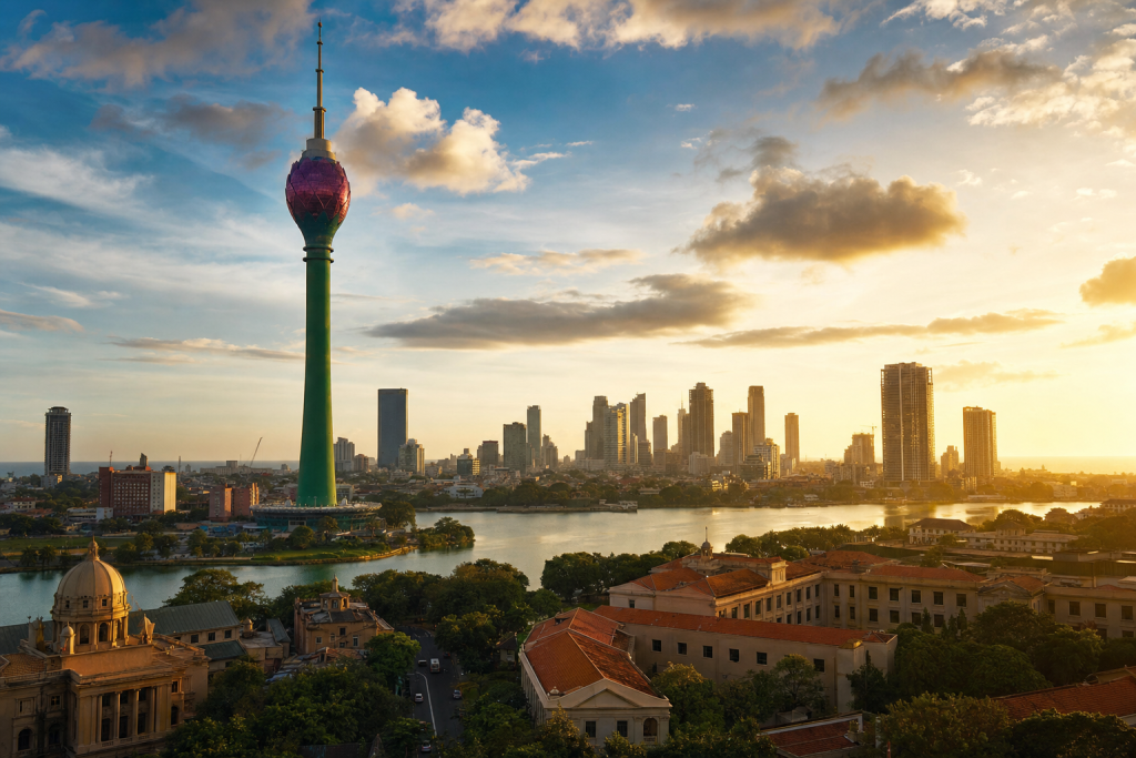 Colombo skyline at golden hour with iconic landmarks in warm light
