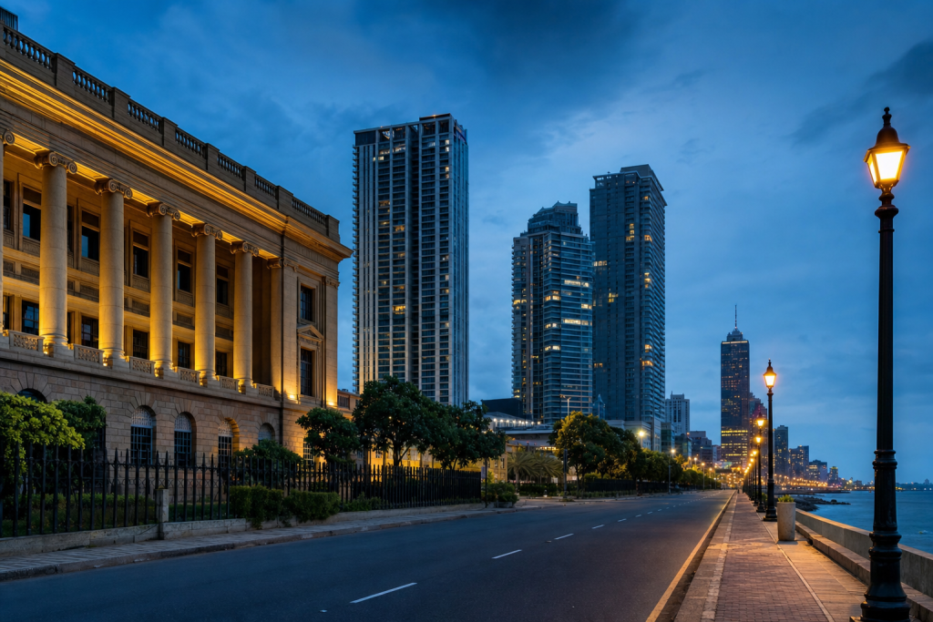 Colombo street photography at blue hour with leading lines and architectural detail