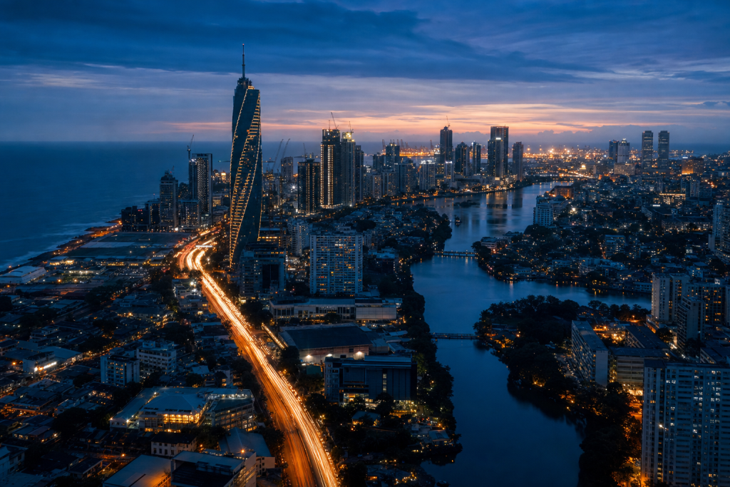 Colombo high-vantage cityscape at blue hour with city lights and traffic motion