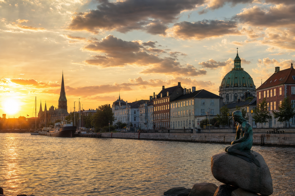 Copenhagen skyline at golden hour with iconic landmarks in warm light