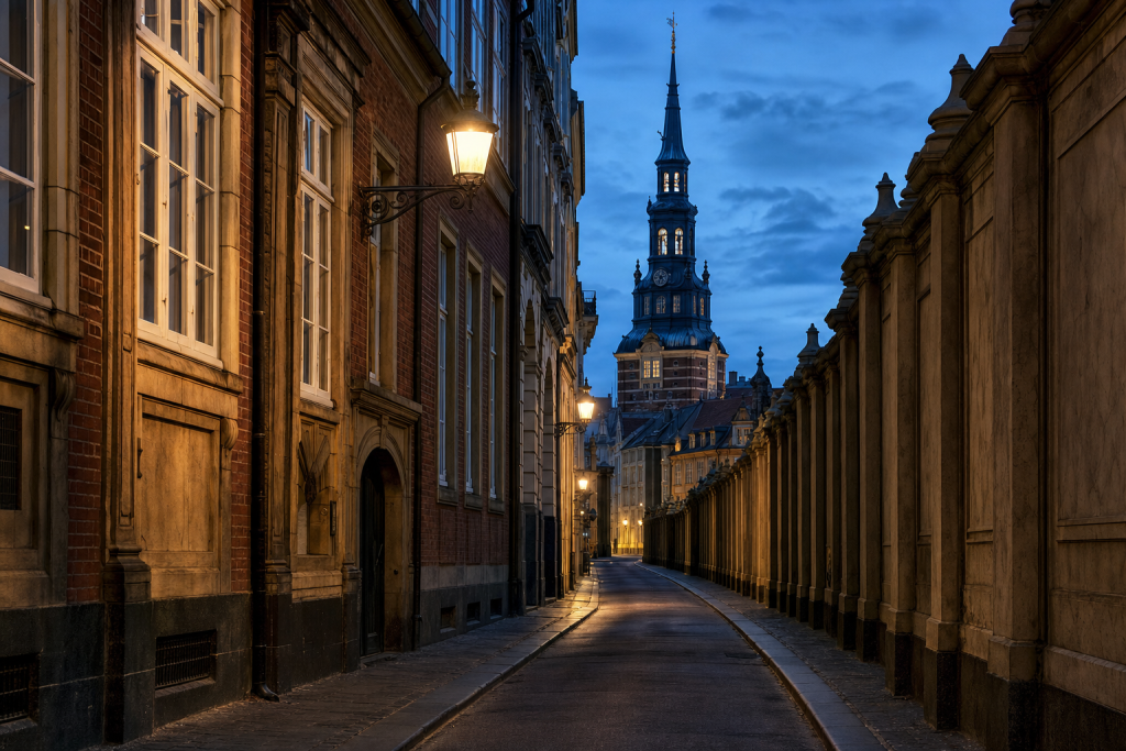 Copenhagen street photography at blue hour with leading lines and architectural detail