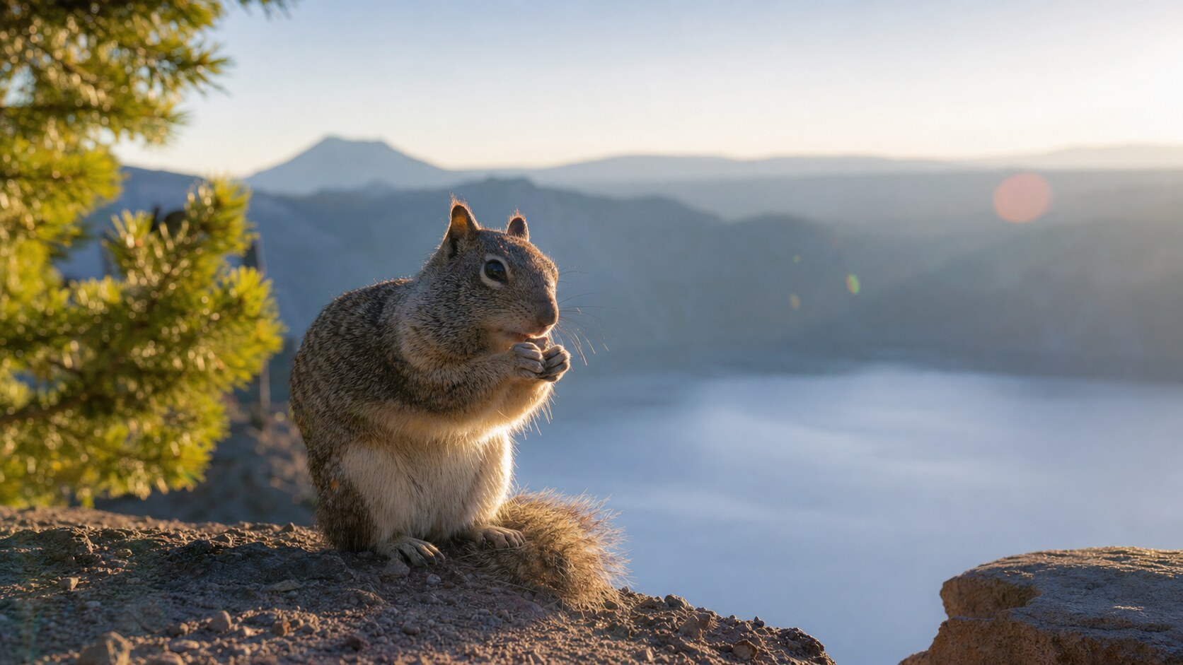 Telephoto wildlife and texture detail inside Crater Lake National Park during late afternoon golden light