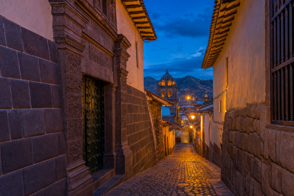 Cusco street photography at blue hour with leading lines and architectural detail