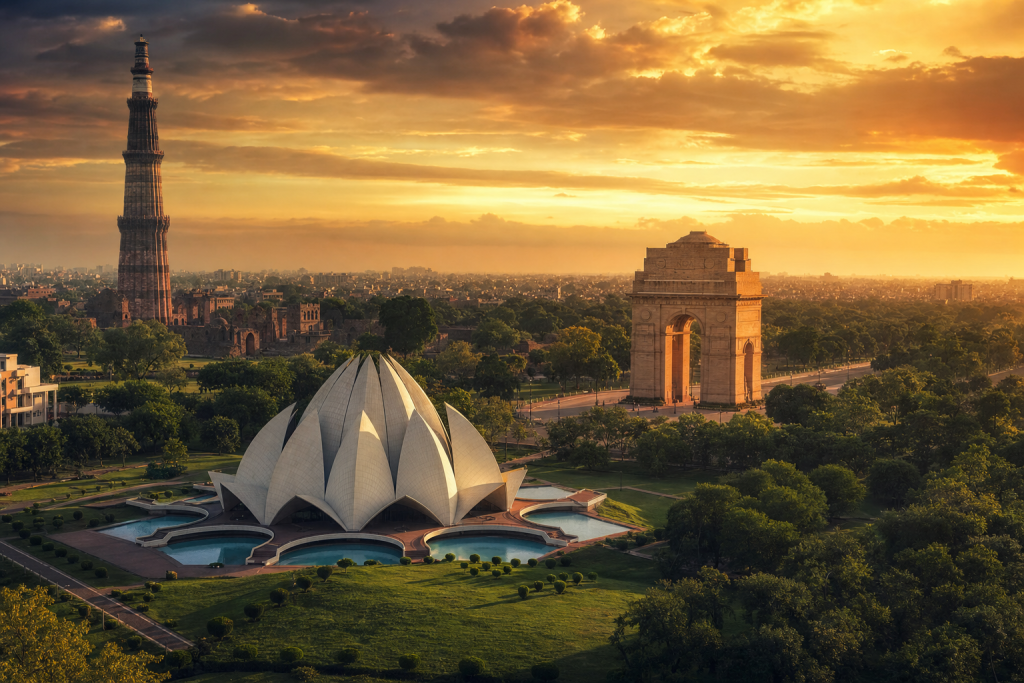 Delhi skyline at golden hour with iconic landmarks in warm light