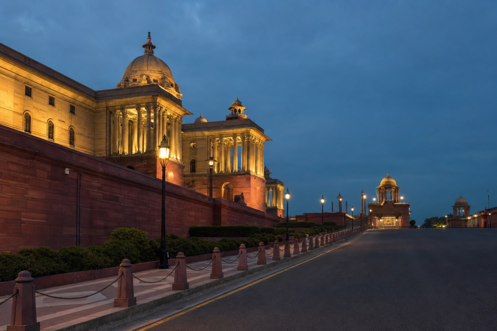Delhi street photography at blue hour with leading lines and architectural detail