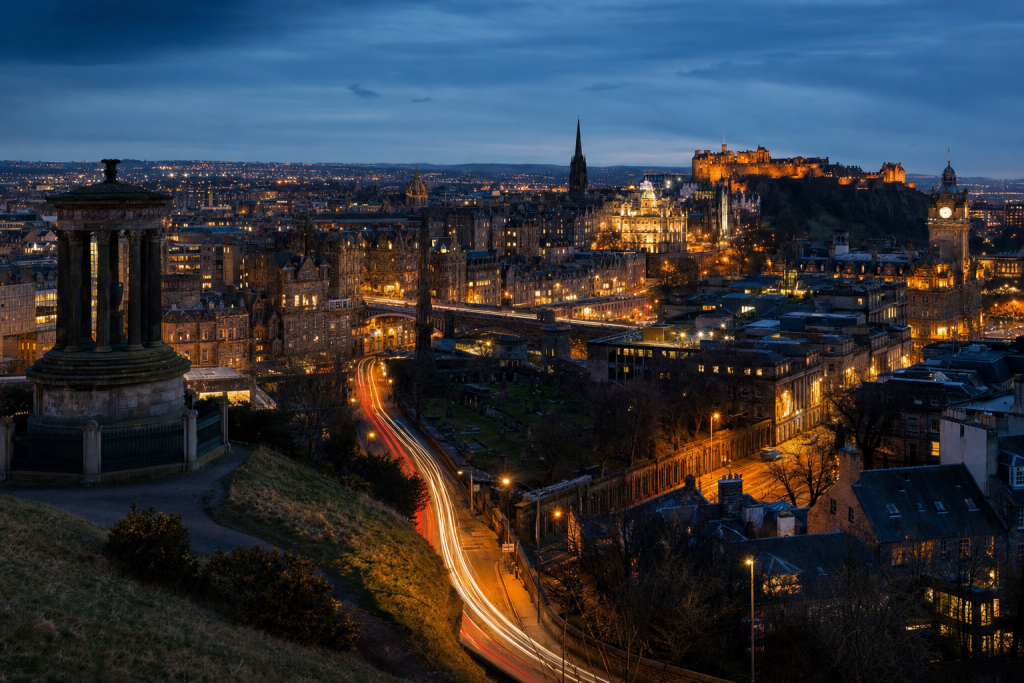 Edinburgh high-vantage cityscape at blue hour with city lights and traffic motion