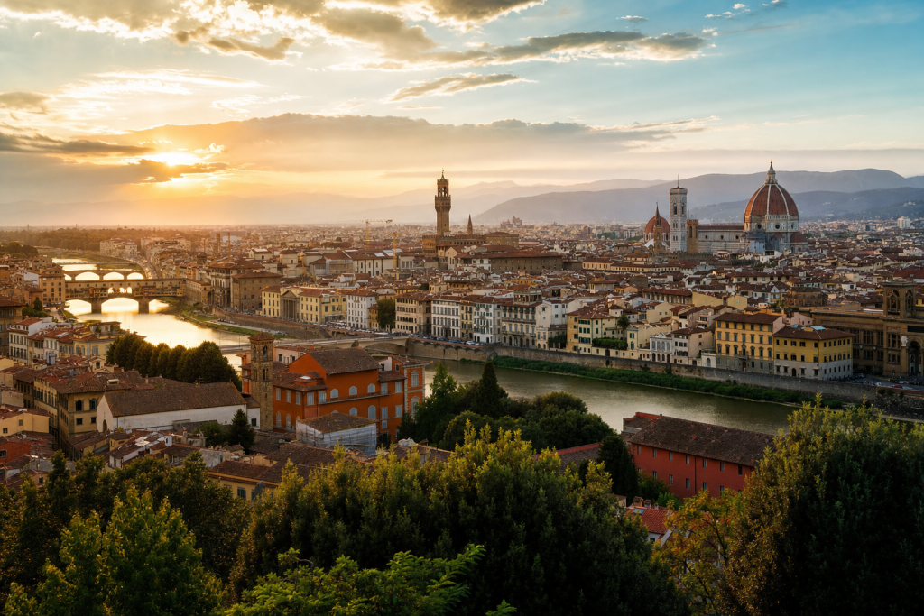 Florence skyline at golden hour with iconic landmarks in warm light