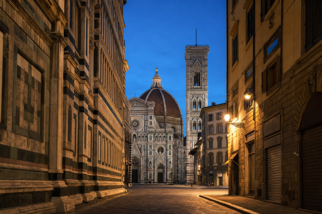 Florence street photography at blue hour with leading lines and architectural detail