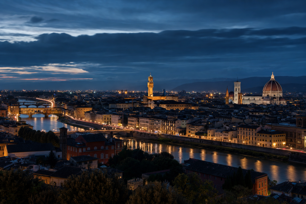 Florence high-vantage cityscape at blue hour with city lights and traffic motion