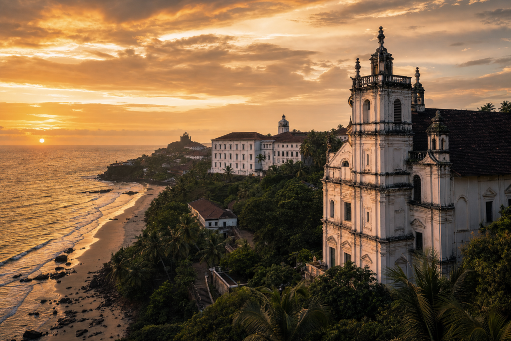 Goa skyline at golden hour with iconic landmarks in warm light