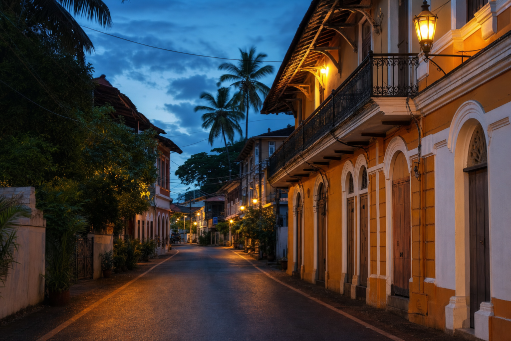 Goa street photography at blue hour with leading lines and architectural detail