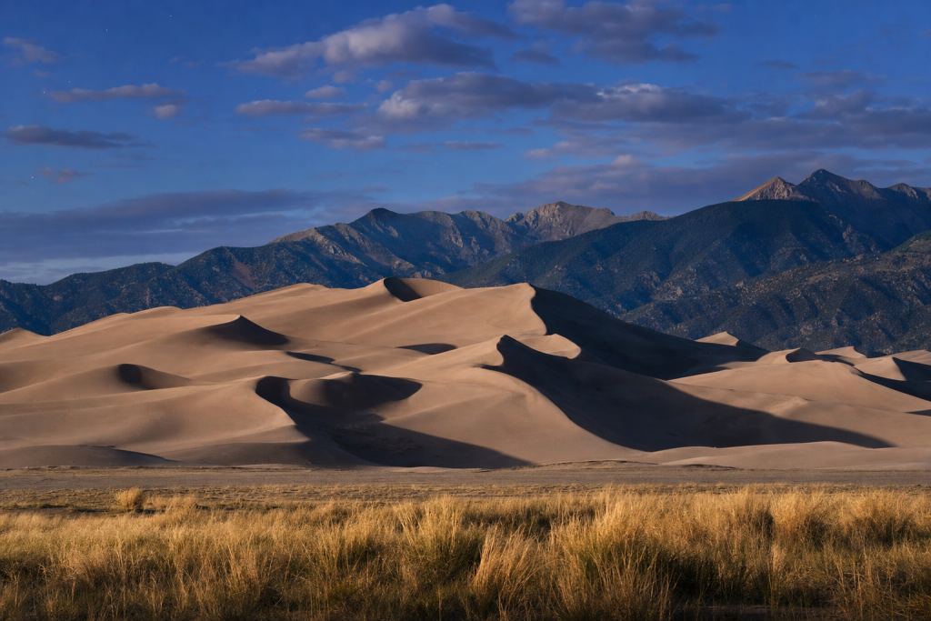 Street view in Great Sand Dunes, leading lines, architectural detail, blue hour with mixed ambient and street