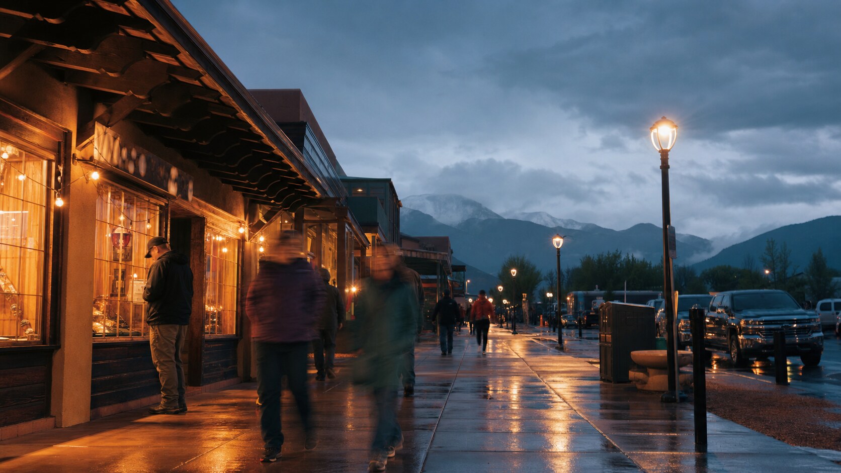 Blue hour street photography in Great Sand Dunes with wet pavement reflections and warm storefront lighting
