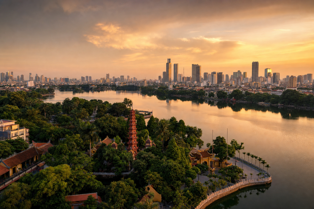 Hanoi skyline at golden hour with iconic landmarks in warm light