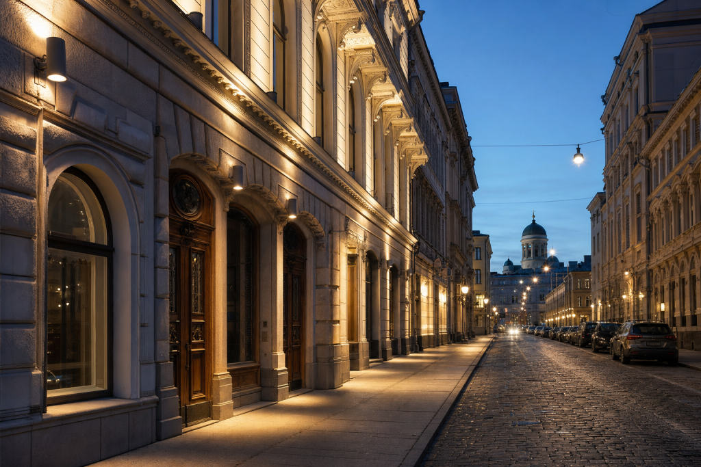 Helsinki street photography at blue hour with leading lines and architectural detail