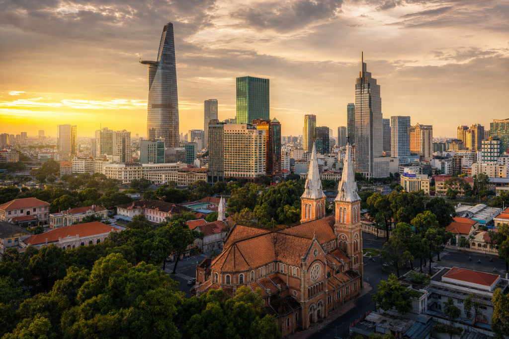 Ho Chi Minh City skyline at golden hour with iconic landmarks in warm light