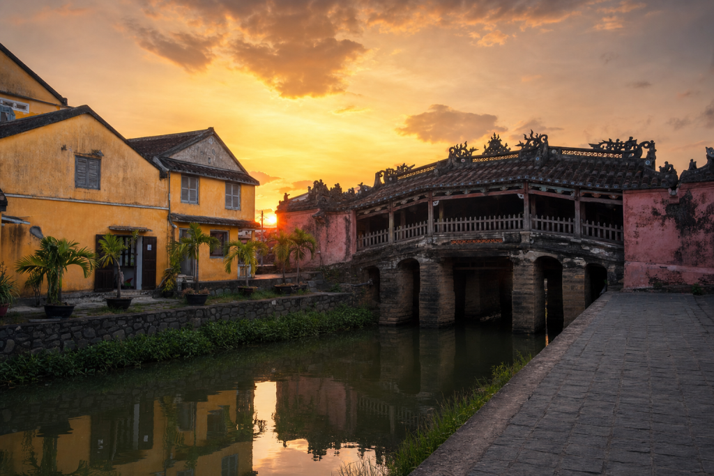 Hoi An skyline at golden hour with iconic landmarks in warm light