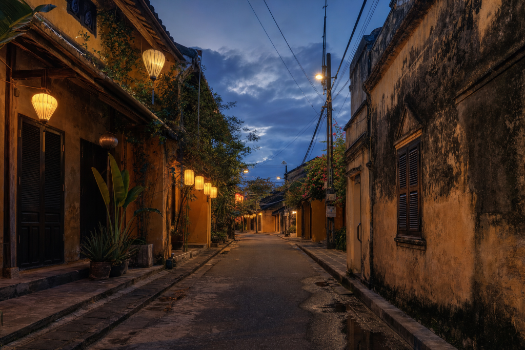 Hoi An street photography at blue hour with leading lines and architectural detail