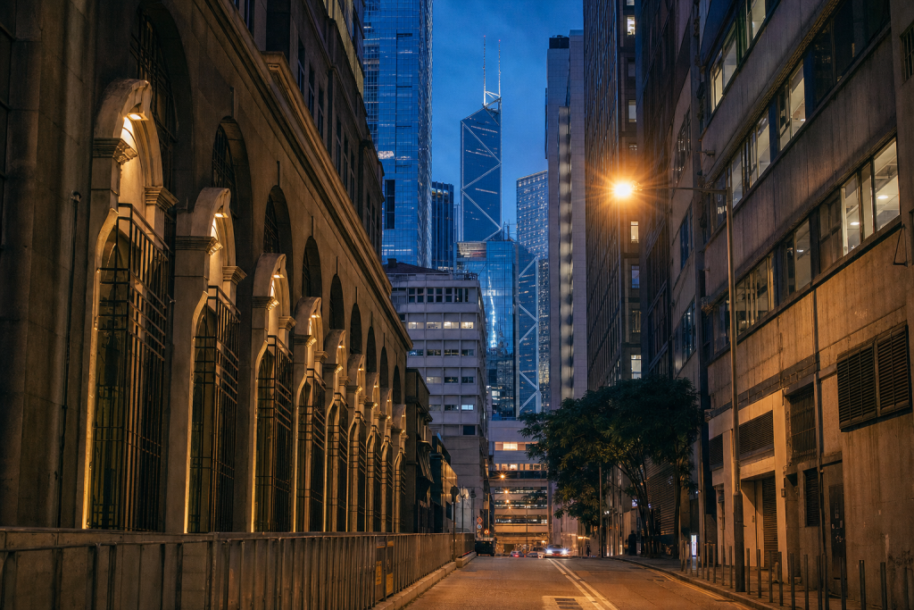 Hong Kong street photography at blue hour with leading lines and architectural detail