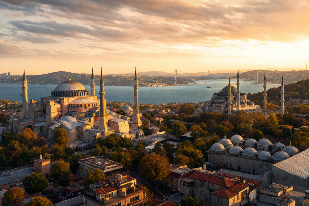 Istanbul skyline at golden hour with iconic landmarks in warm light