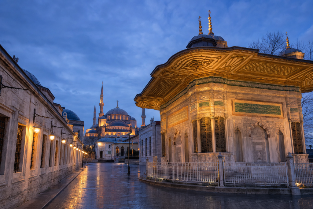 Istanbul street photography at blue hour with leading lines and architectural detail