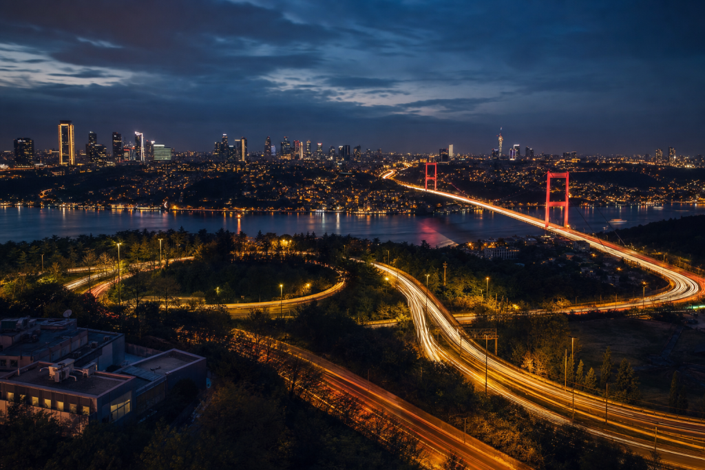 Istanbul high-vantage cityscape at blue hour with city lights and traffic motion