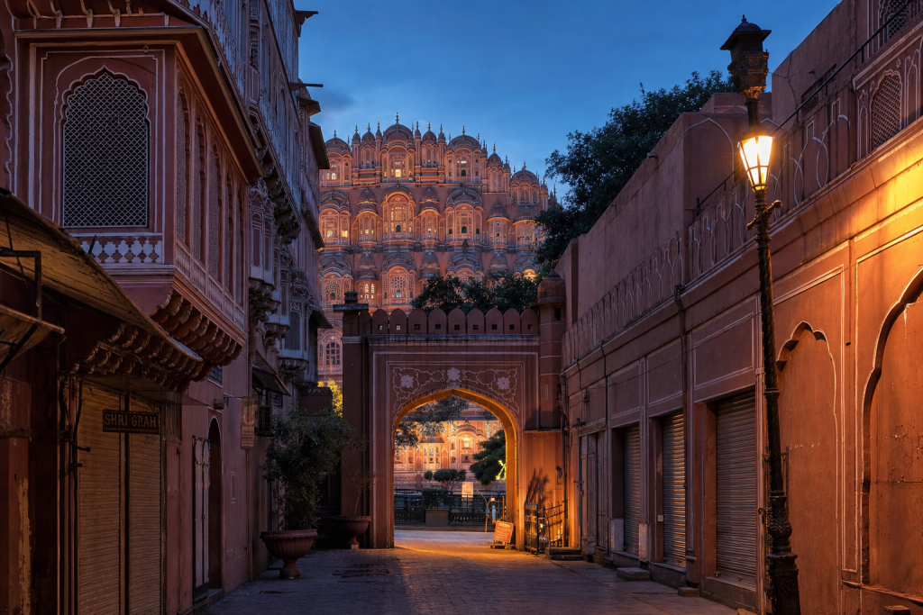 Jaipur street photography at blue hour with leading lines and architectural detail