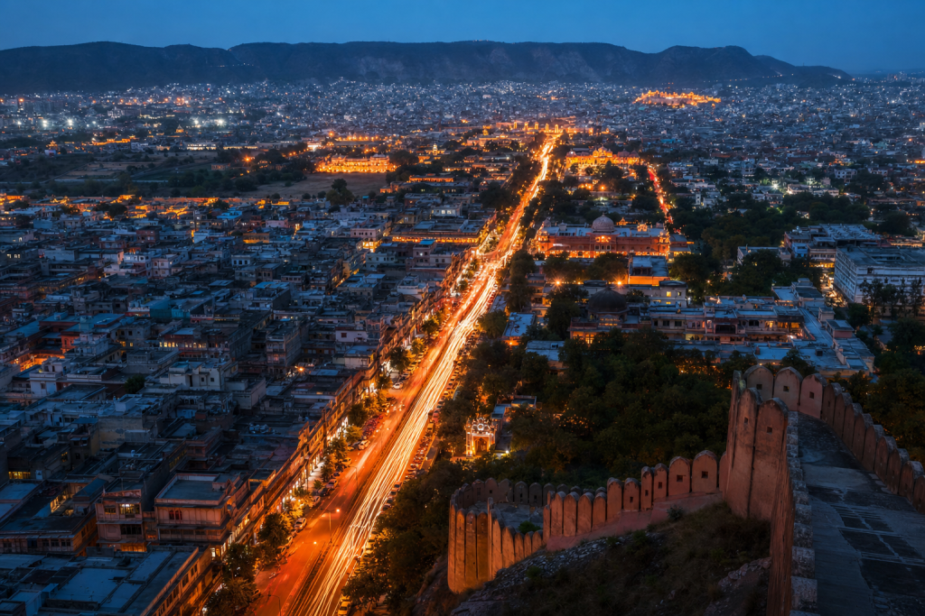 Jaipur high-vantage cityscape at blue hour with city lights and traffic motion