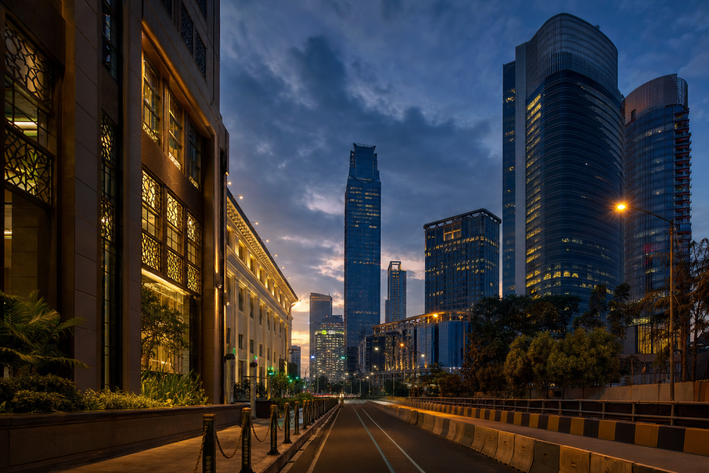 Jakarta street photography at blue hour with leading lines and architectural detail