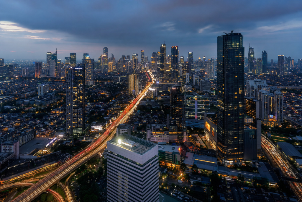 Jakarta high-vantage cityscape at blue hour with city lights and traffic motion