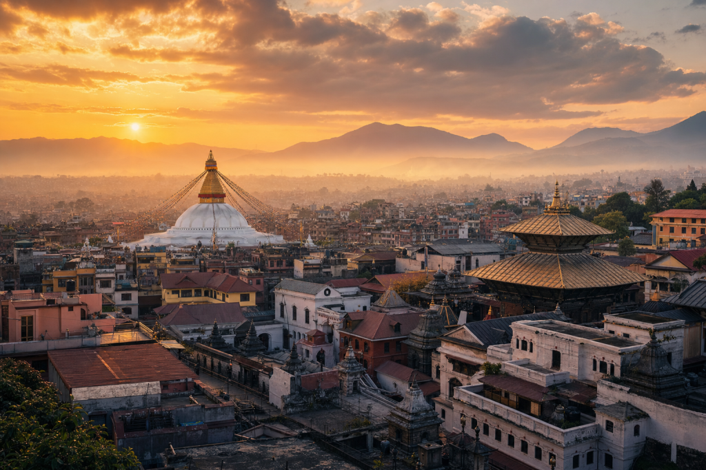 Kathmandu skyline at golden hour with iconic landmarks in warm light
