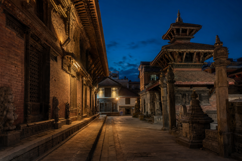Kathmandu street photography at blue hour with leading lines and architectural detail