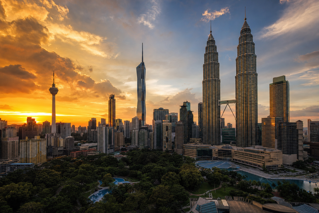 Kuala Lumpur at golden hour, iconic landmarks visible, dramatic warm light, 24mm lens, full-f